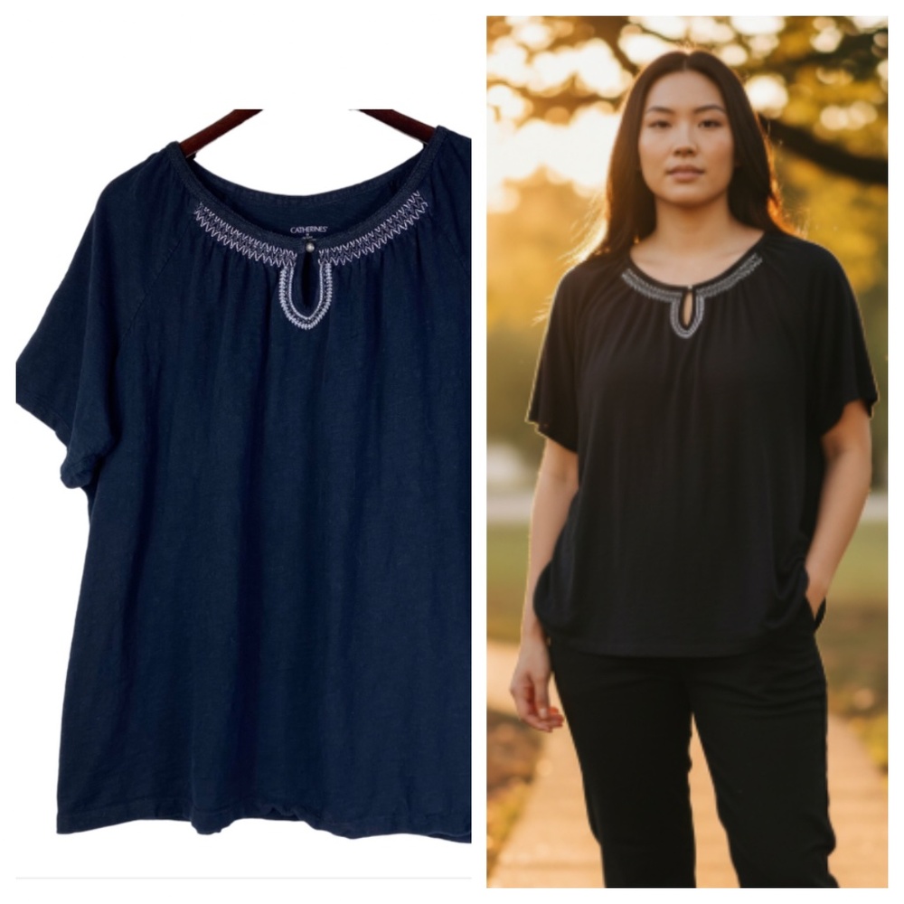 Catherines Sz 1X 2X 18W 20W Top Tunic Shirt Tee Navy Blue Peasant